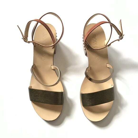 Jimmy Choo Leather Star Studded Wrap Sandals Womens 36.5 Brown Block Heels Shoes - Picture 4 of 13